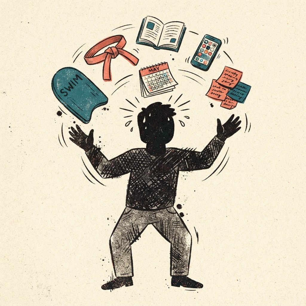 Illustration of a frazzled parent juggling activity items, notes and phones