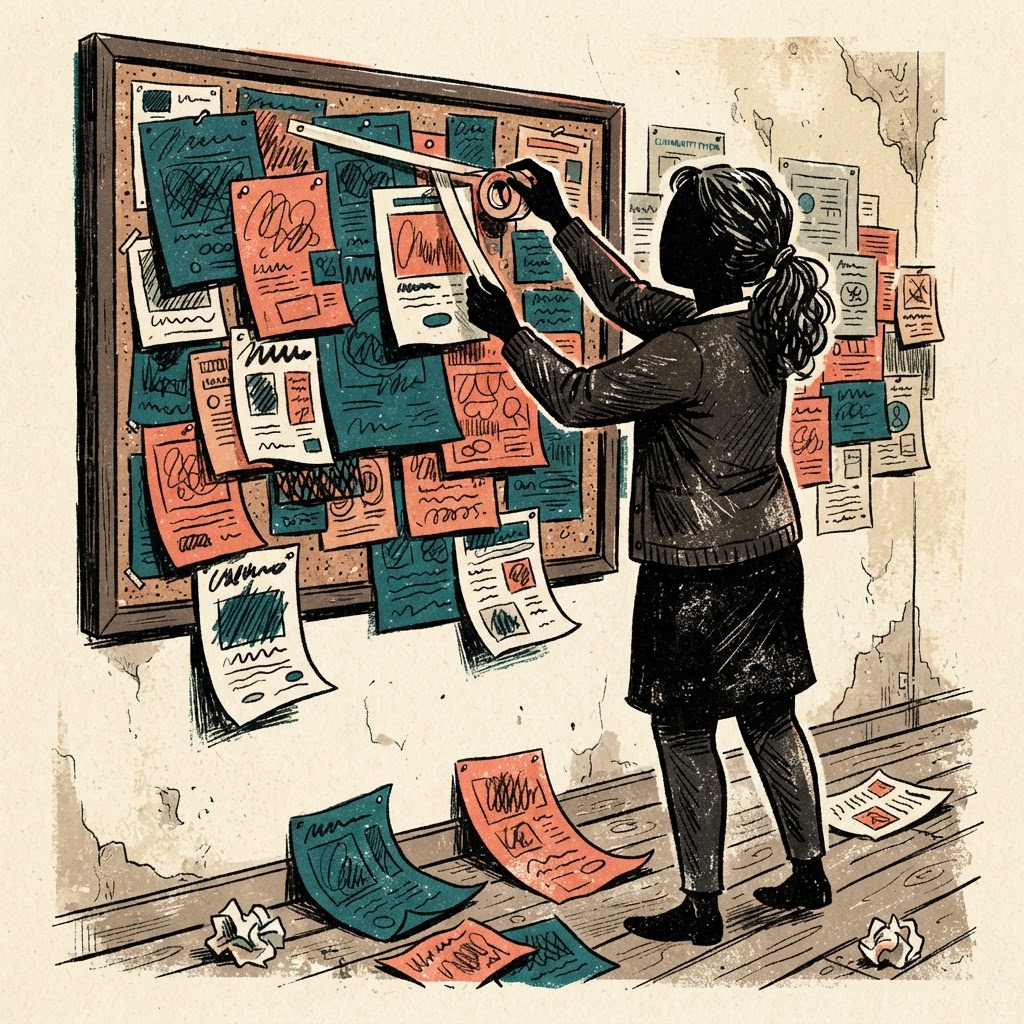 Illustration of a tired teacher pinning posters onto a crowded community noticeboard
